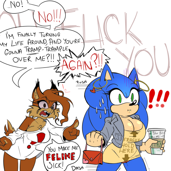 ! 2015 angry anthro big_breasts breasts bubsy cat cleavage clothed clothing crossgender cuisine english_text feline female hedgehog mammal sonic_(series) sonic_the_hedgehog text