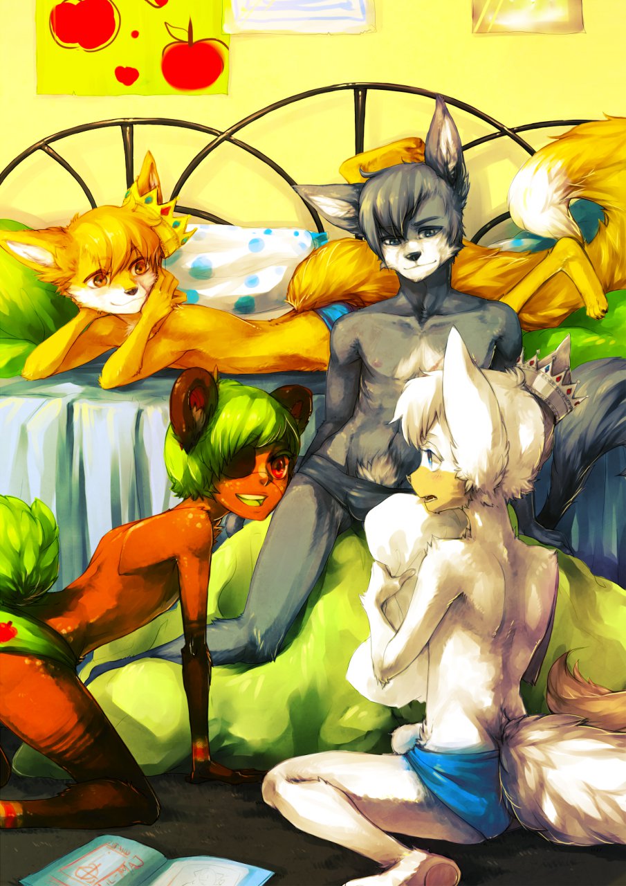 2011 anthro bear bed blue_eyes bulge butt canine cheek_tuft chest_tuft cin_(character) clothed clothing crown eye_contact eye_patch eyewear fluffy_tail fox fur girly green_hair group hair half-dressed inner_ear_fluff jotaku kneeling long_tail looking_back lying maj_(character) male mammal on_front orange_eyes pillow quasar_(character) red_eyes rigel_(lil-maj) sitting smile topless tuft underwear wolf