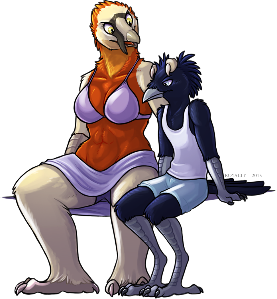 2015 abs alpha_channel anthro avian bearded_vulture bird blue_eyes breasts claws clothed clothing corvid digitigrade duo feathers female larger_female muscles muscular_female open_mouth royalty_(artist) shorts sitting size_difference smaller_male vulture wide_hips yellow_eyes