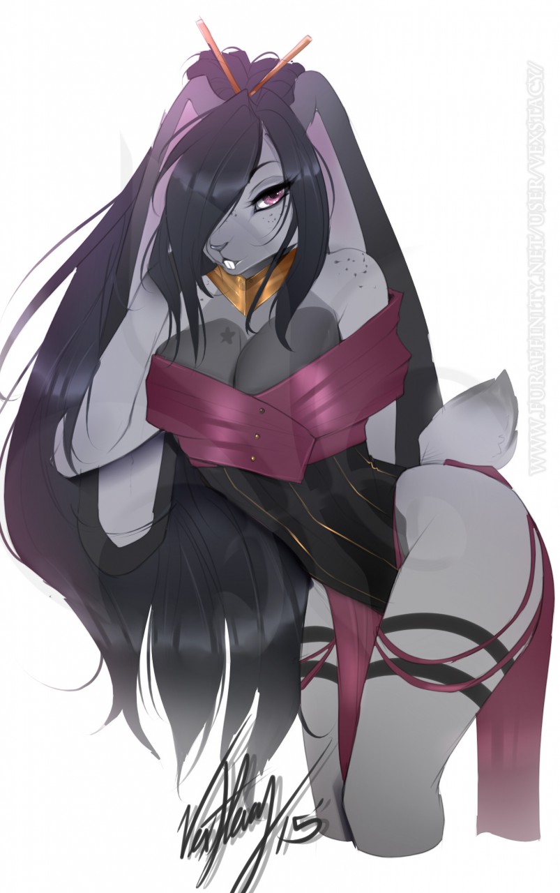 2015 annoying_watermark anthro black_hair cleavage clothed clothing female hair half-closed_eyes lagomorph long_ears looking_at_viewer mammal plain_background rabbit solo vexstacy watermark white_background