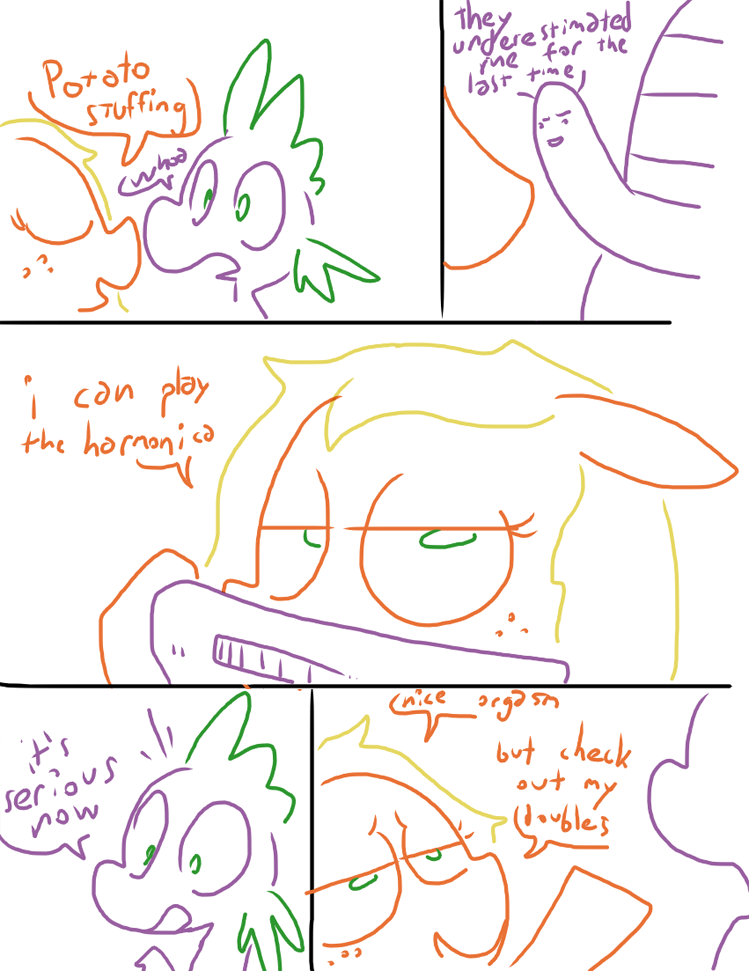 applejack_(mlp) comic dialogue english_text equine friendship_is_magic horse mammal monochrome my_little_pony pony random scalie sex spike_(mlp) talking_penis text the_weaver what