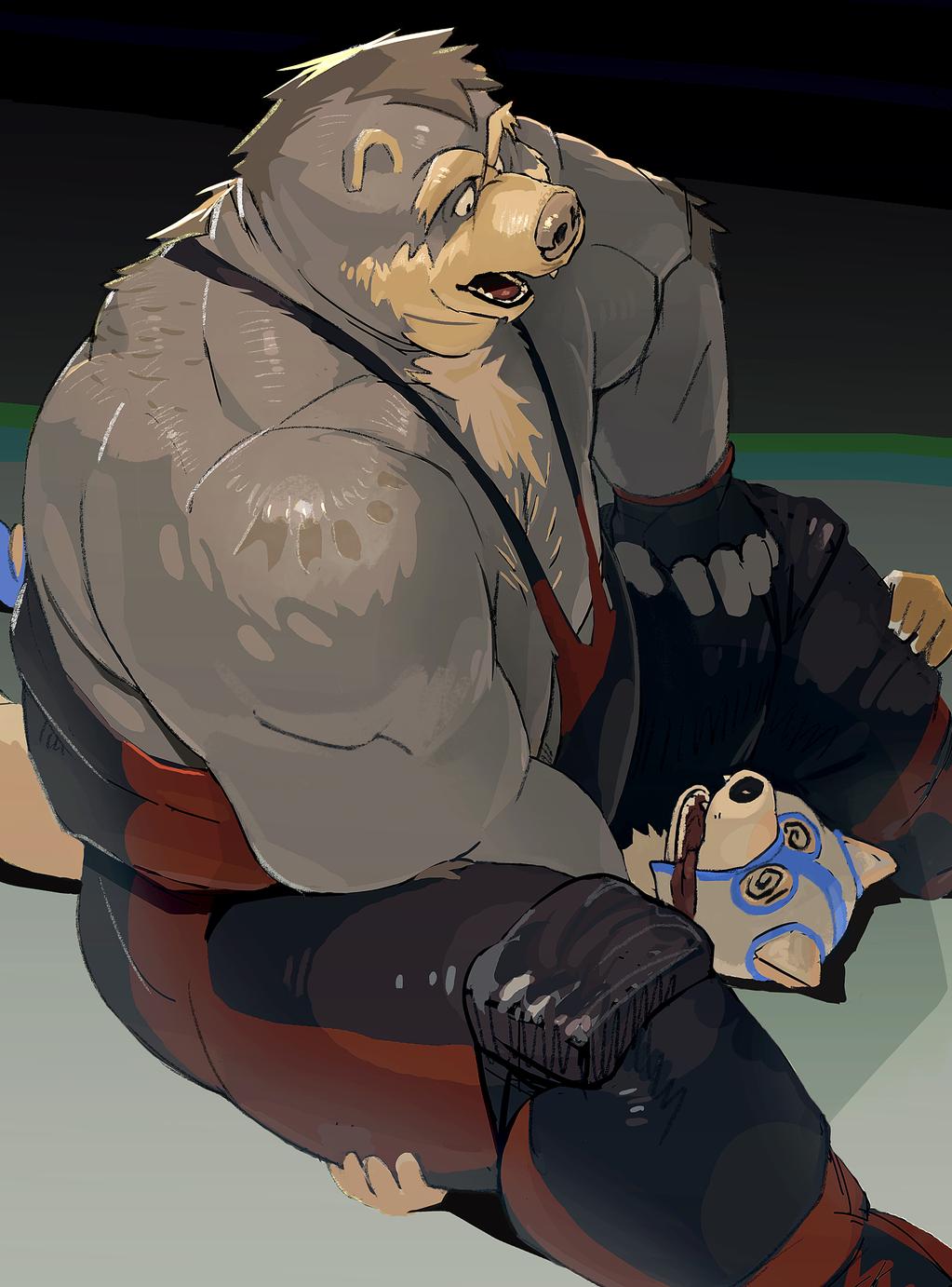 anthro bear biceps canine chubby clothing duo fingerless_gloves gloves male male/male mammal mask moto musclegut open_mouth tongue tongue_out wolf wrestling wrestling_singlet