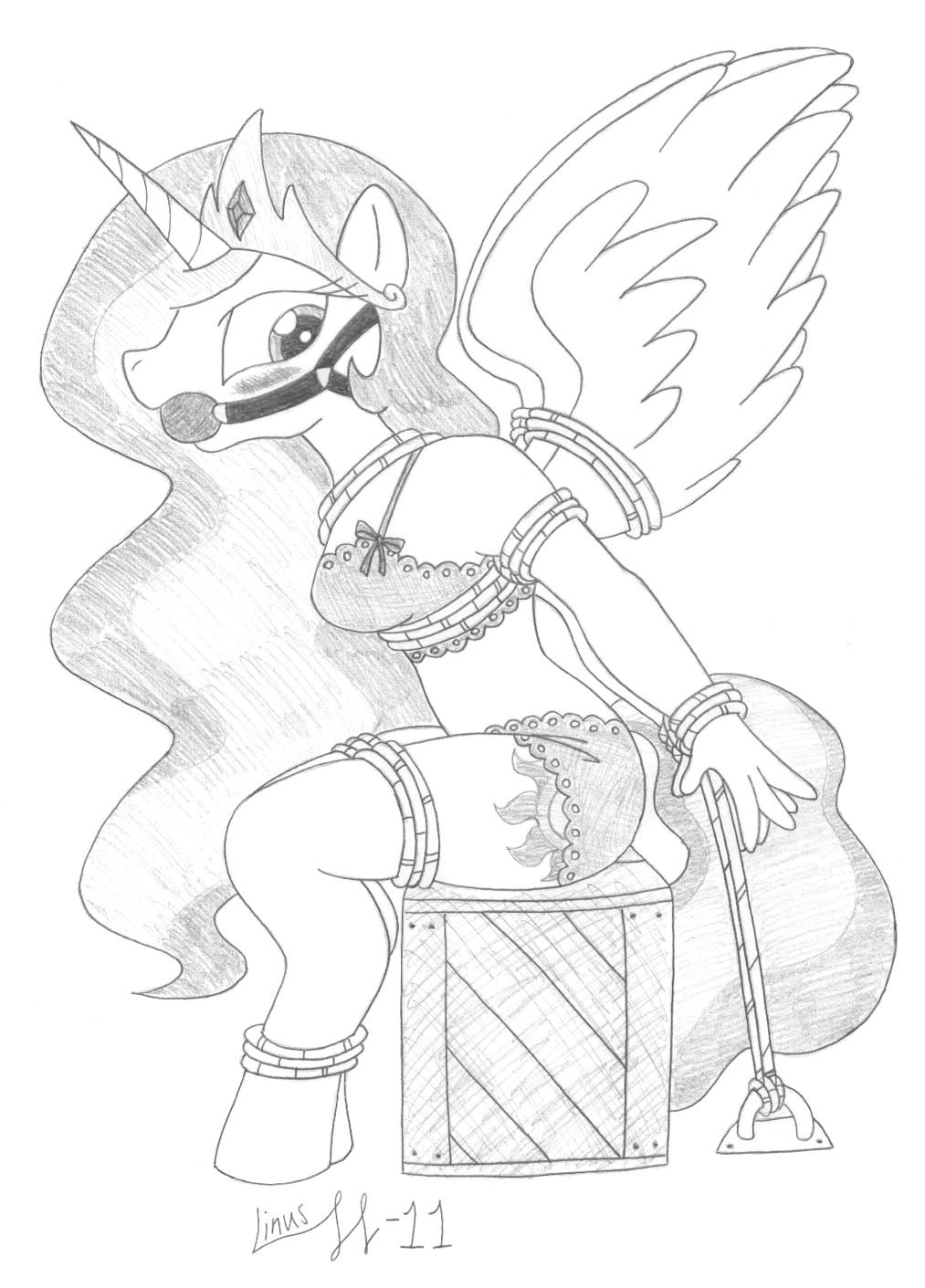 anthro anthrofied ball_gag bdsm bondage bound bra clothing cutie_mark equine female friendship_is_magic gag greyscale horn limpurtikles mammal monochrome my_little_pony panties pencil_(artwork) princess princess_celestia_(mlp) royalty solo traditional_media_(artwork) underwear winged_unicorn wings