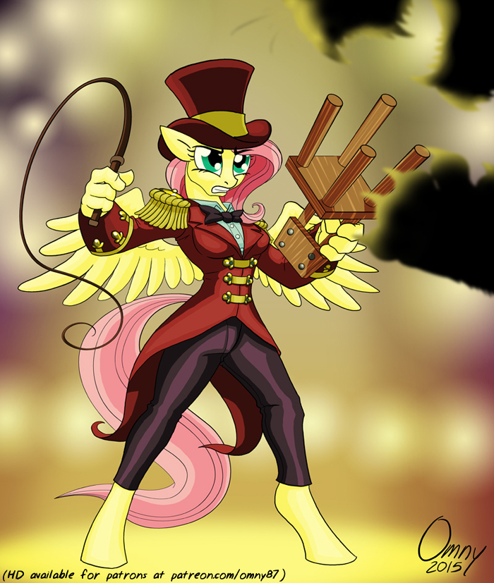 2015 anthro anthrofied blue_eyes bow_tie chair clothing equine female fluttershy_(mlp) friendship_is_magic hair hat mammal my_little_pony omny87 pegasus pink_hair ringmaster ringmaster_outife solo top_hat whip wings