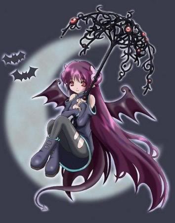 bat bats boots demon horns lowres moon purple_eyes purple_hair tail umbrella violet_eyes wings
