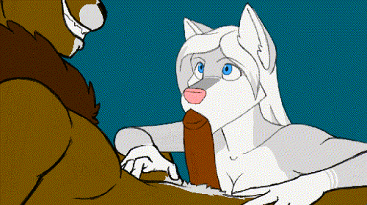 2015 animated anthro balls black-kitten blue_eyes brown_fur canine duo erection eye_contact fellatio female fur grin loop male mammal no_sound nude oral penis sex white_fur
