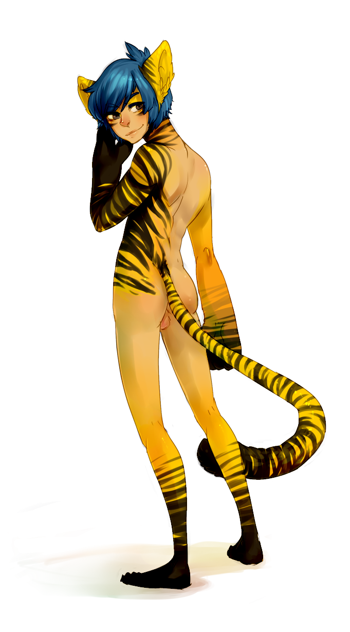 2011 anthro backsack balls blue_eyes brown_eyes butt feline gillick_(character) jotaku looking_back male mammal nude rear_view solo standing tiger