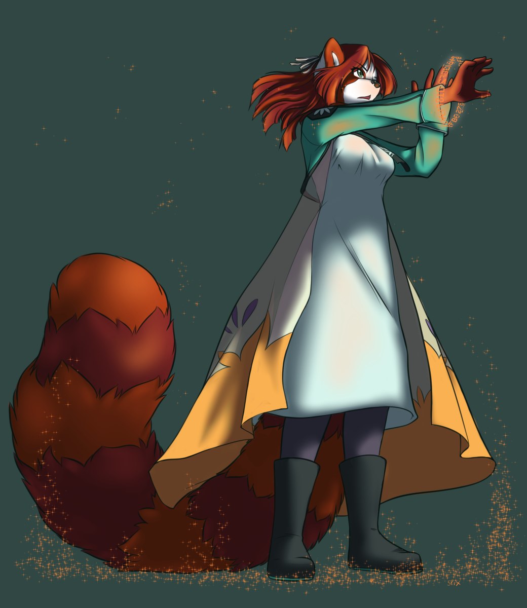 2015 anthro boots canine clothed clothing cybermage dress female fur green_eyes hair long_hair magic mammal open_mouth ping plain_background red_fur red_hair red_panda ribbons solo spix white_fur