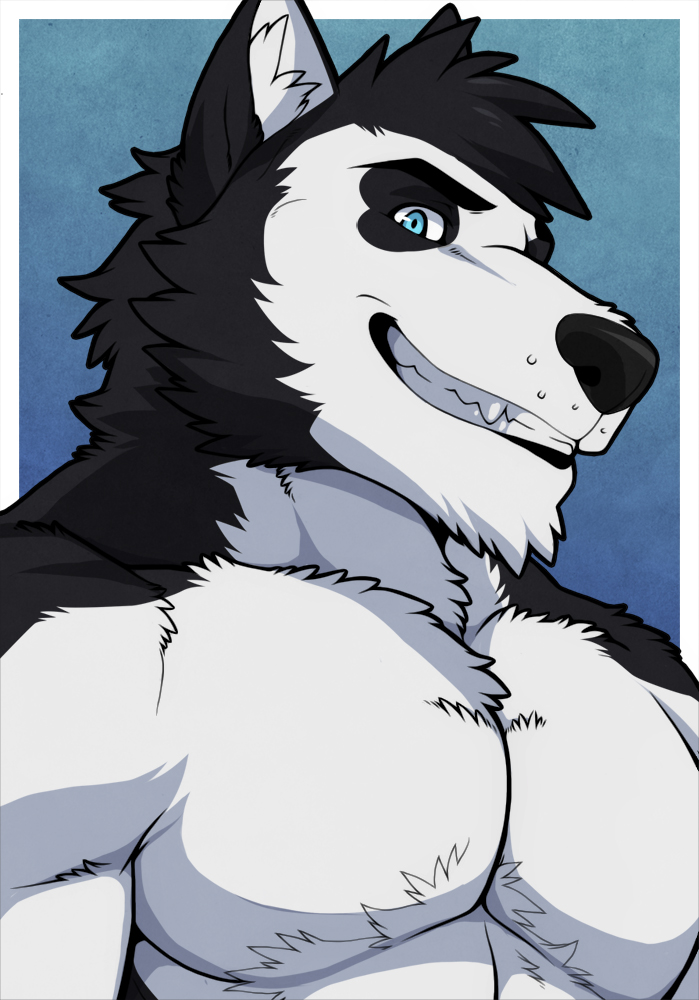 aluminemsiren anthro black_nose blue_eyes canine chest_tuft dog fur husky mammal muscles pecs teeth tuft