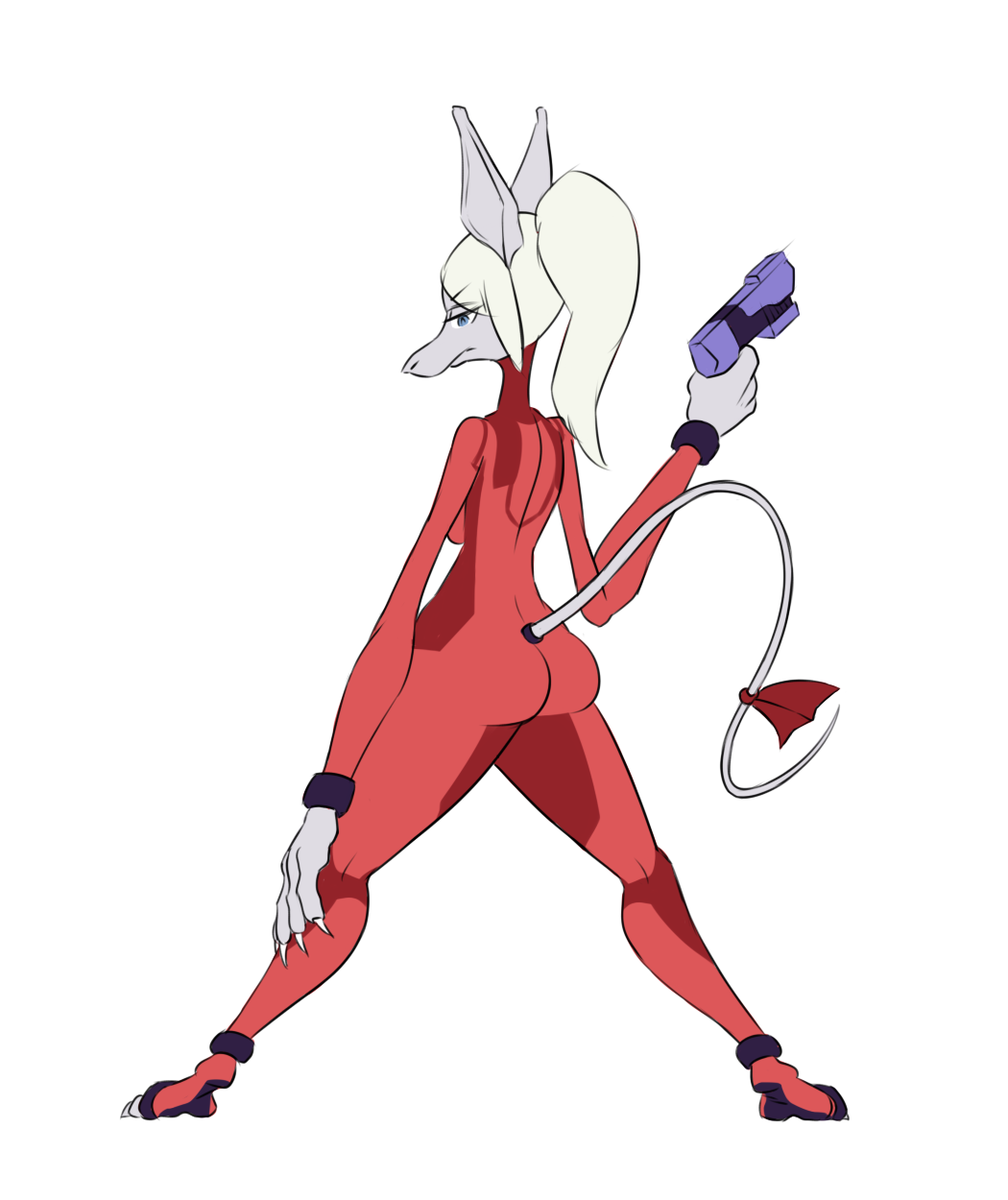 anthro breasts burmecian butt claws female final_fantasy final_fantasy_ix frown fur grey_fur gun hair looking_back mammal metroid ranged_weapon rat rodent soapmonster solo toe_claws video_games weapon white_hair zero_suit