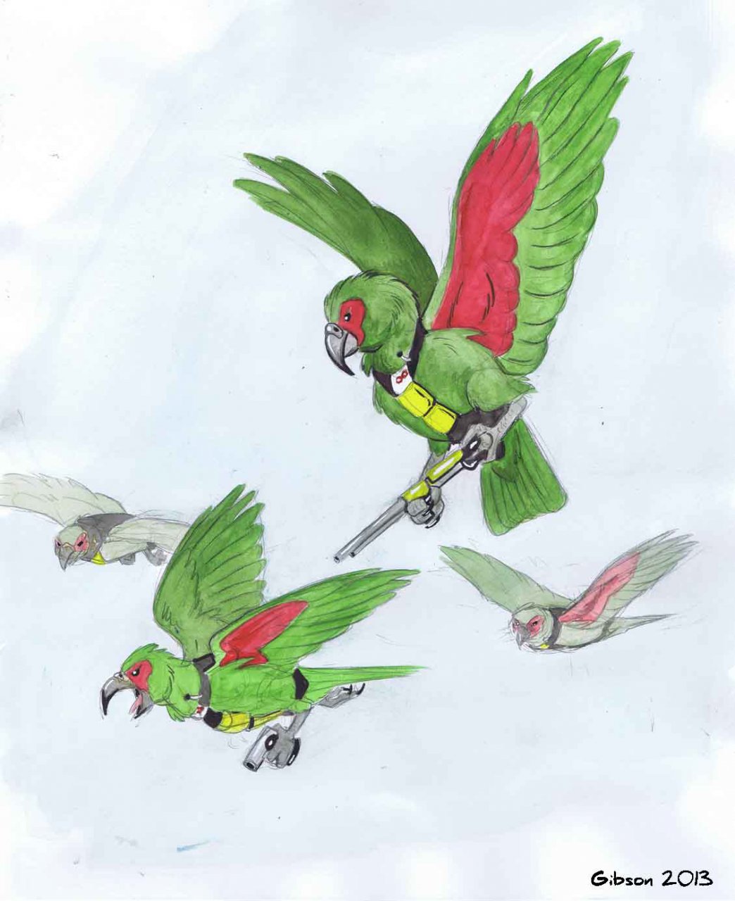 2013 avian bird bulletproof_vest feral flying green_feathers group gun parrot pistol ranged_weapon roz_gibson shotgun talons weapon where_is_your_god_now