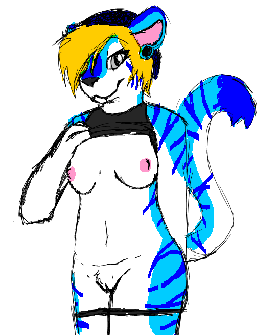 2015 anthro beanie bex breasts clothed clothing feline female hair half-dressed hat jolteonkitty looking_at_viewer mammal nipples panties pussy smile solo tiger underwear undressing