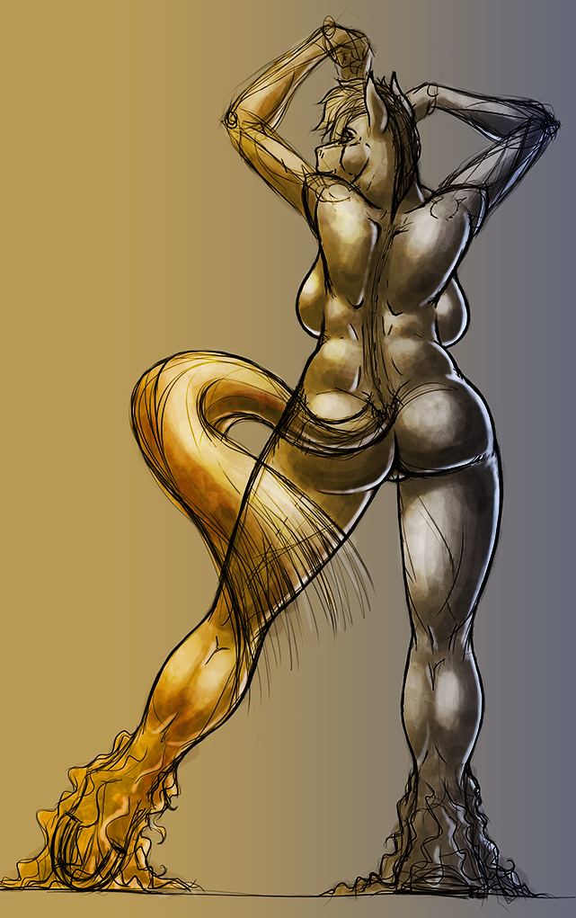 anthro arms_above_head back barefoot big_breasts breasts butt dukebarbatos equine female hooves horse mammal nude plain_background pose pussy seductive side_boob sketch solo standing