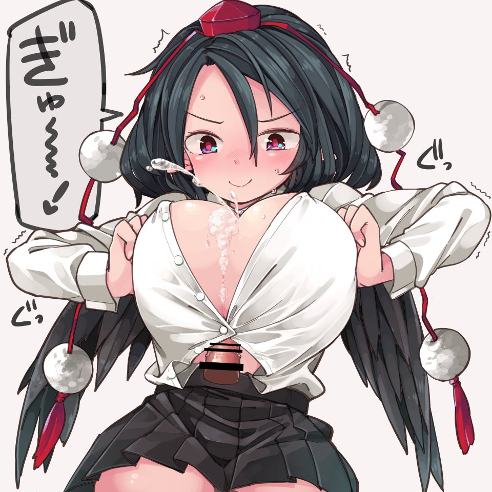 1girl aioi_aoi black_hair black_skirt breasts cleavage commentary_request cowboy_shot cum cum_on_body cum_on_breasts cum_on_upper_body ejaculation_between_breasts hat large_breasts long_sleeves miniskirt paizuri paizuri_under_clothes penis pom_pom_(clothes) purple_eyes shameimaru_aya simple_background skirt smile sweatdrop tokin_hat touhou translation_request unbuttoned unbuttoned_shirt white_background wings