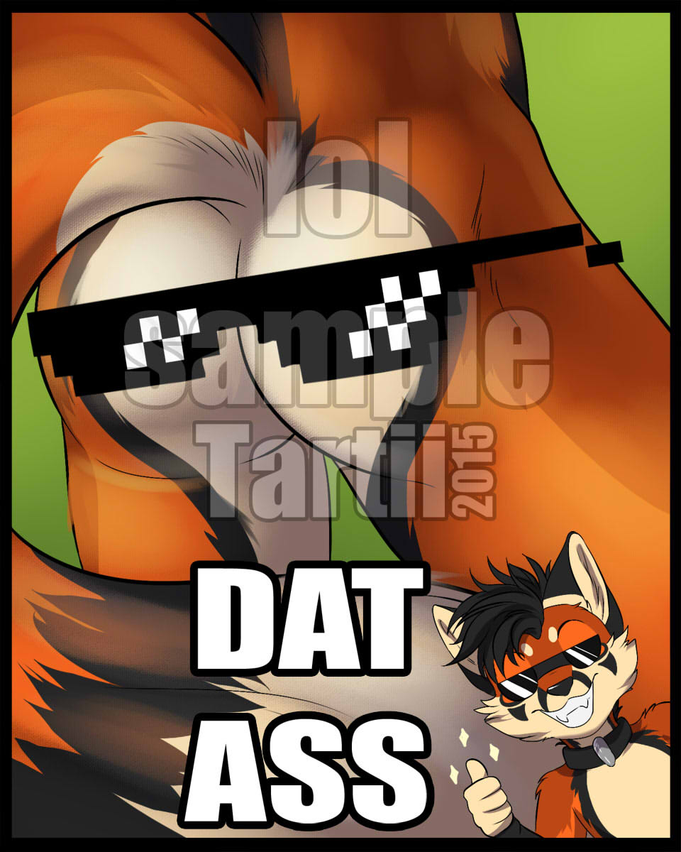 2015 annoying_watermark anthro blain_background butt canine clothing collar english_text eyewear fox fur hair humor looking_at_viewer male mammal meme raised_tail sample solo sunglasses tartii text thumbs_up watermark