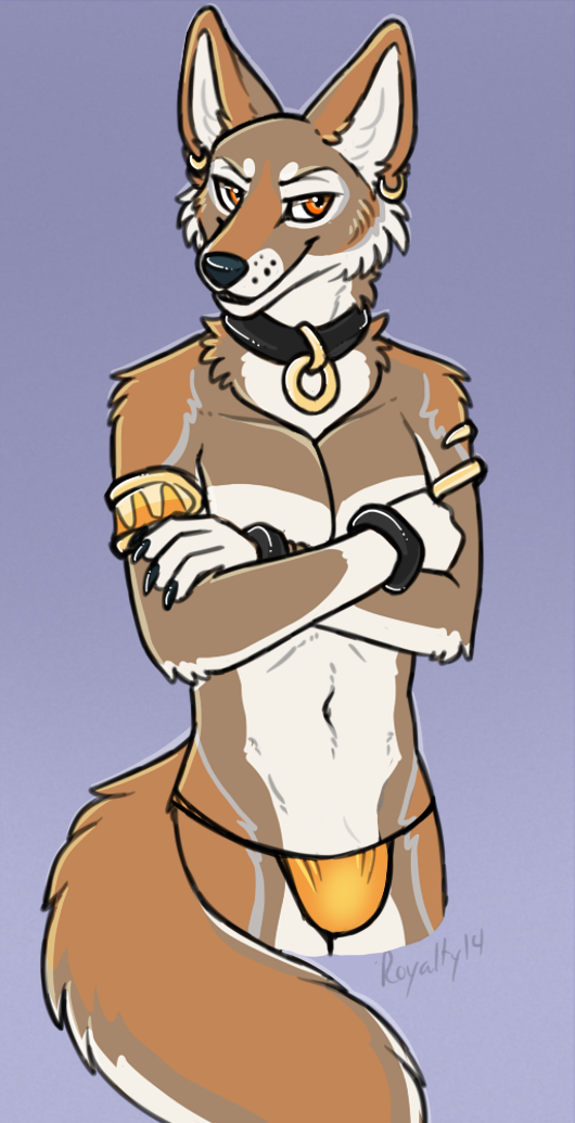 arms_folded canine claws clothed clothing collar ear_piercing fox half-dressed invalid_tag jewelry male mammal open_mouth piercing plain_background pursing smile solo thong topless underwear