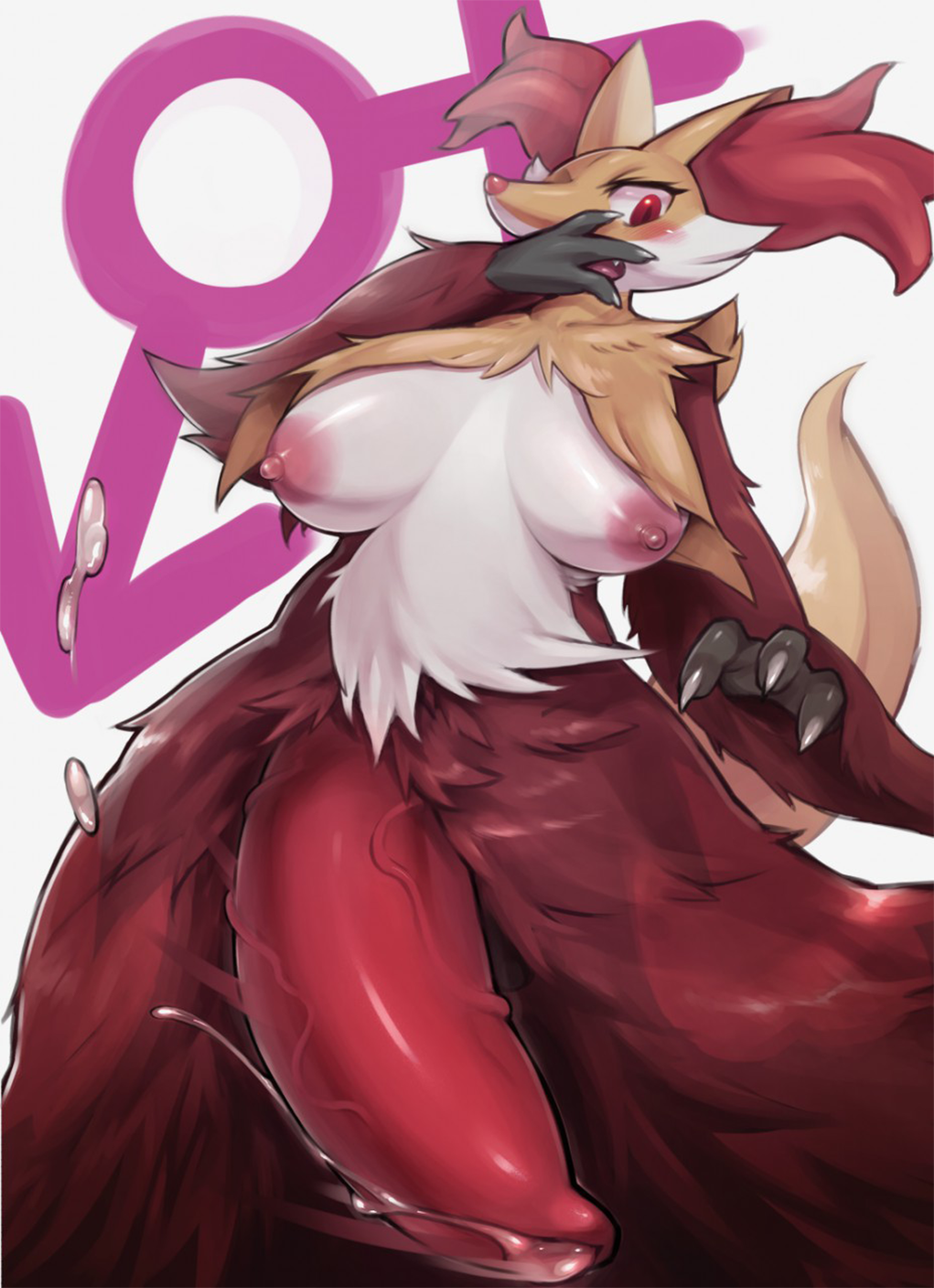 anthro anthrofied big_breasts big_penis blush breasts canine claws cum delphox dickgirl dripping edit fox intersex mammal nintendo open_mouth penis pok&eacute;mon precum red_eyes shiron_(artist) vein video_games wide_hips
