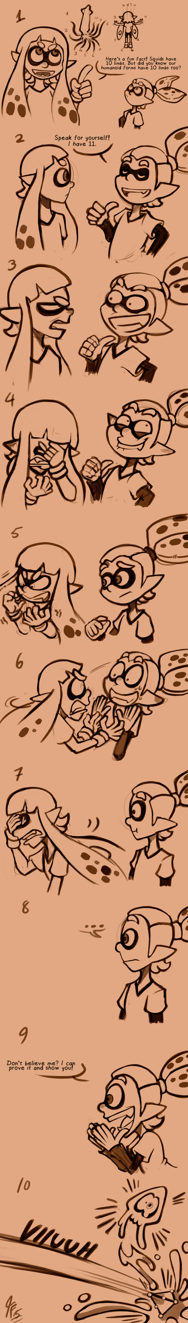 &gt;_&lt; 1boy 1girl absurdres angry clenched_teeth closed_eyes comic domino_mask english facepaint facepalm fangs flat_chest grin high_ponytail highres inkling long_image mask monochrome monster_boy paint_splatter pointy_ears ponytail short_hair_with_long_locks sidelocks smile smug splatoon_(series) splatoon_1 split_ponytail spoken_ellipsis squid tall_image tamarinfrog teeth tentacle_hair tentacles troll_face