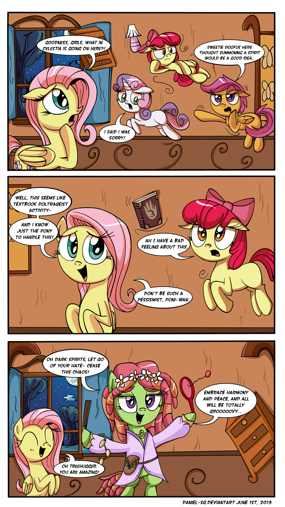 2015 apple_bloom_(mlp) blue_eyes clothing cutie_mark cutie_mark_cusaders danielsplatter dialogue dreadlocks english_text equine eyes_closed female fluttershy_(mlp) friendship_is_magic hair horn horse inside levitation long_hair mammal my_little_pony night open_mouth paddle_ball paddleball pegasus pink_hair pony scootaloo_(mlp) star sweetie_belle_(mlp) text tree_hugger_(mlp) two_tone_hair unicorn wings