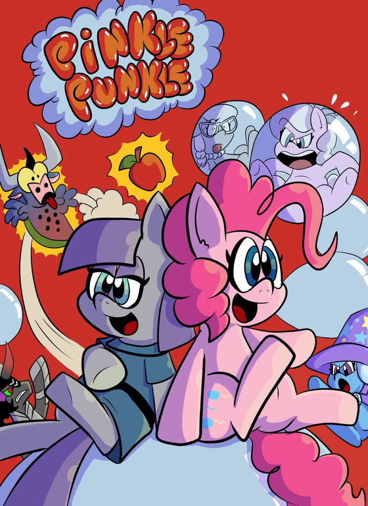 apple blue_eyes bovine bubble_bobble clothing crossover cute cutie_mark diamond_tiara_(mlp) earth_pony english_text equine eyewear female feral friendship_is_magic fruit glasses group horn horse iron_will_(mlp) king_sombra_(mlp) looking_at_viewer mammal maud_pie_(mlp) minotaur my_little_pony parody pembroke pinkie_pie_(mlp) plain_background pony purple_eyes silver_spoon_(mlp) tagme text trixie unicorn video_games young