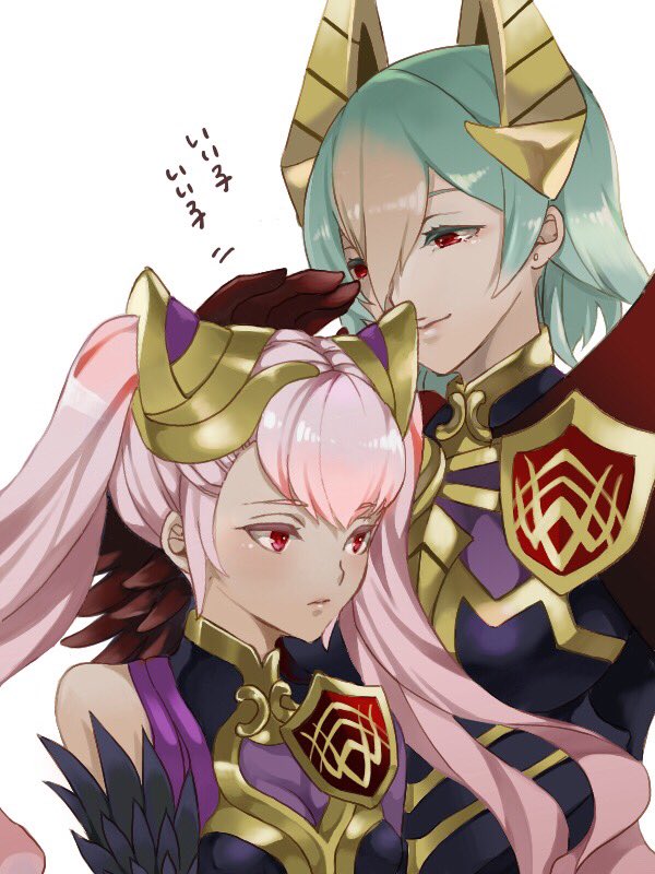 2girls fire_emblem fire_emblem_heroes green_hair horn_ornament laegjarn_(fire_emblem_heroes) laevateinn_(fire_emblem_heroes) multiple_girls nintendo pink_hair red_eyes renkonmatsuri siblings smile twintails