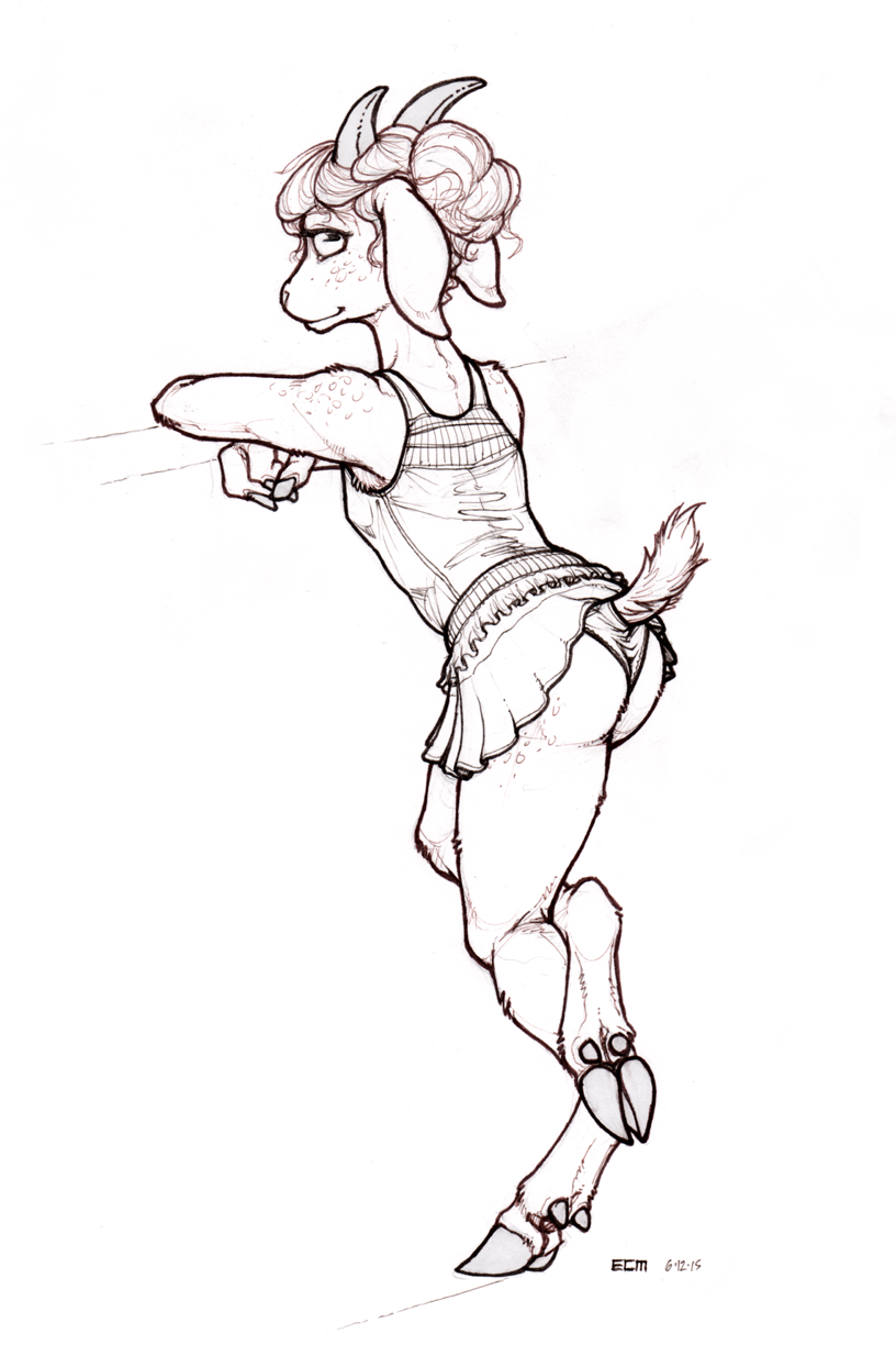 2015 anthro breasts caprine clothing cloven_hooves ecmajor female goat hair hooves horizontal_pupils horn mammal monochrome panties panty_shot skirt small_breasts smile solo underwear upskirt