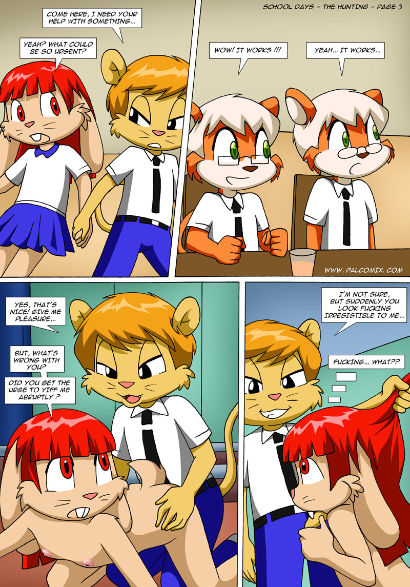 all_fours clothing comic cub doggystyle feline female from_behind karavan krezz lagomorph lion male male/female mammal palcomix rabbit school_days school_uniform sex sucking text young