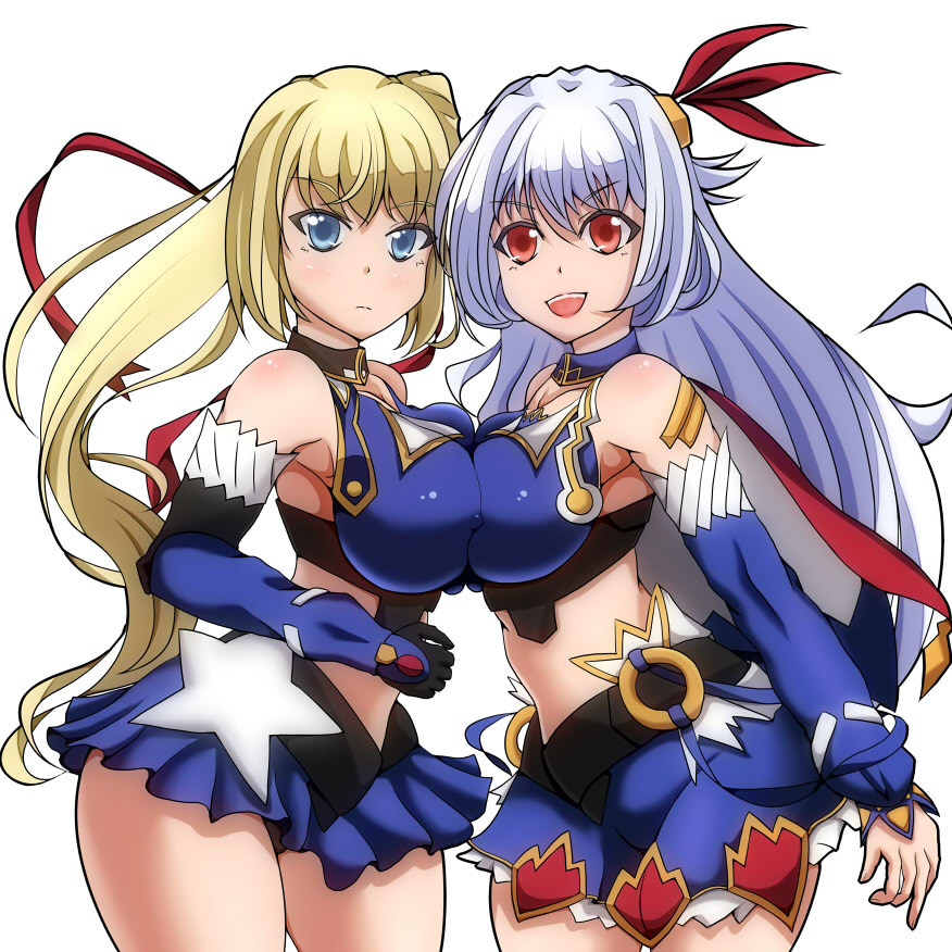 2girls asymmetrical_docking bare_shoulders belt blonde_hair blue_eyes breast_press breasts cape detached_sleeves elbow_gloves eleonora_viltaria erect_nipples gloves hair_ornament large_breasts limalisha long_hair looking_at_viewer madan_no_ou_to_vanadis midriff multiple_girls open_mouth red_eyes side_ponytail simple_background skirt smile white_hair