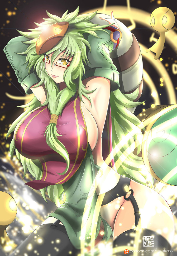 1girl armpits bard_(league_of_legends) blush breasts carrying curvy female frown genderswap glasses glitter green_hair hair_over_breasts large_breasts league_of_legends long_hair looking_at_viewer mask shiny sideboob solo thighhighs torahime_(roland00) wide_hips yellow_eyes