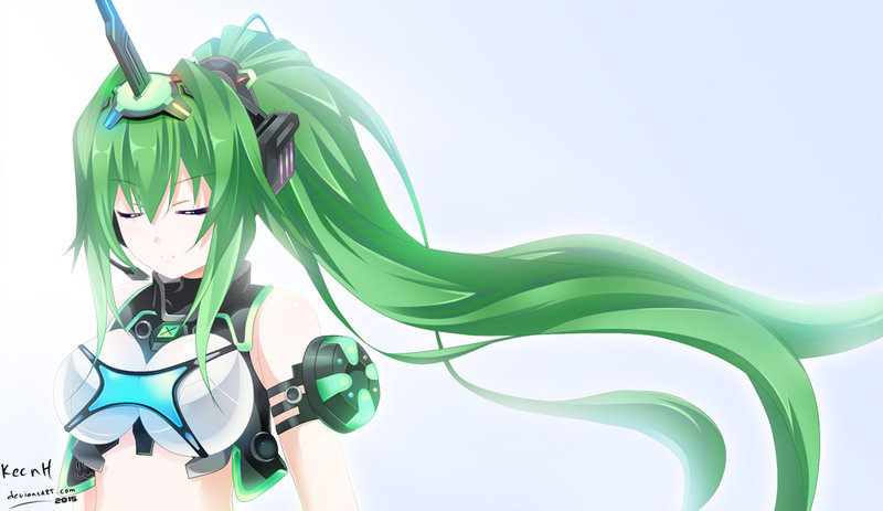 1girl choujigen_game_neptune eyes_closed green_hair green_heart horn keenh long_hair neptune_(series) next_green ponytail shin_jigen_game_neptune_vii simple_background solo vert