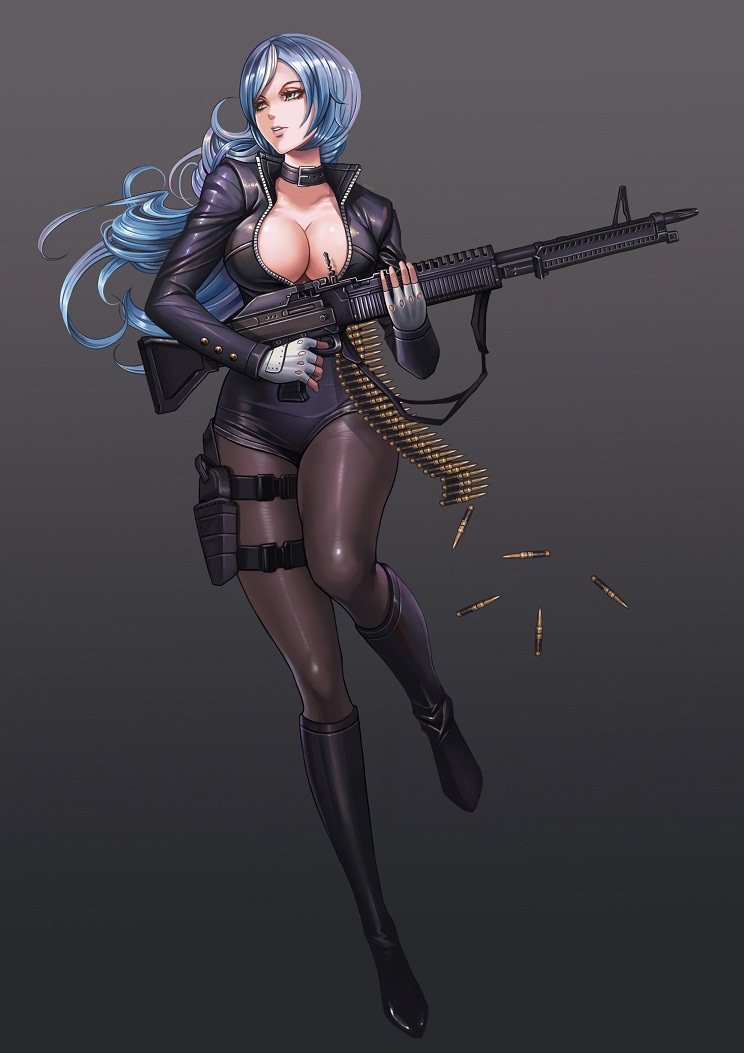 ammunition_belt banned_artist black_footwear black_legwear blue_eyes blue_hair boots breasts cleavage collar fingerless_gloves gloves gradient gradient_background holster knee_boots large_breasts long_hair m60 original pantyhose personification simple_background solo yinan_cui