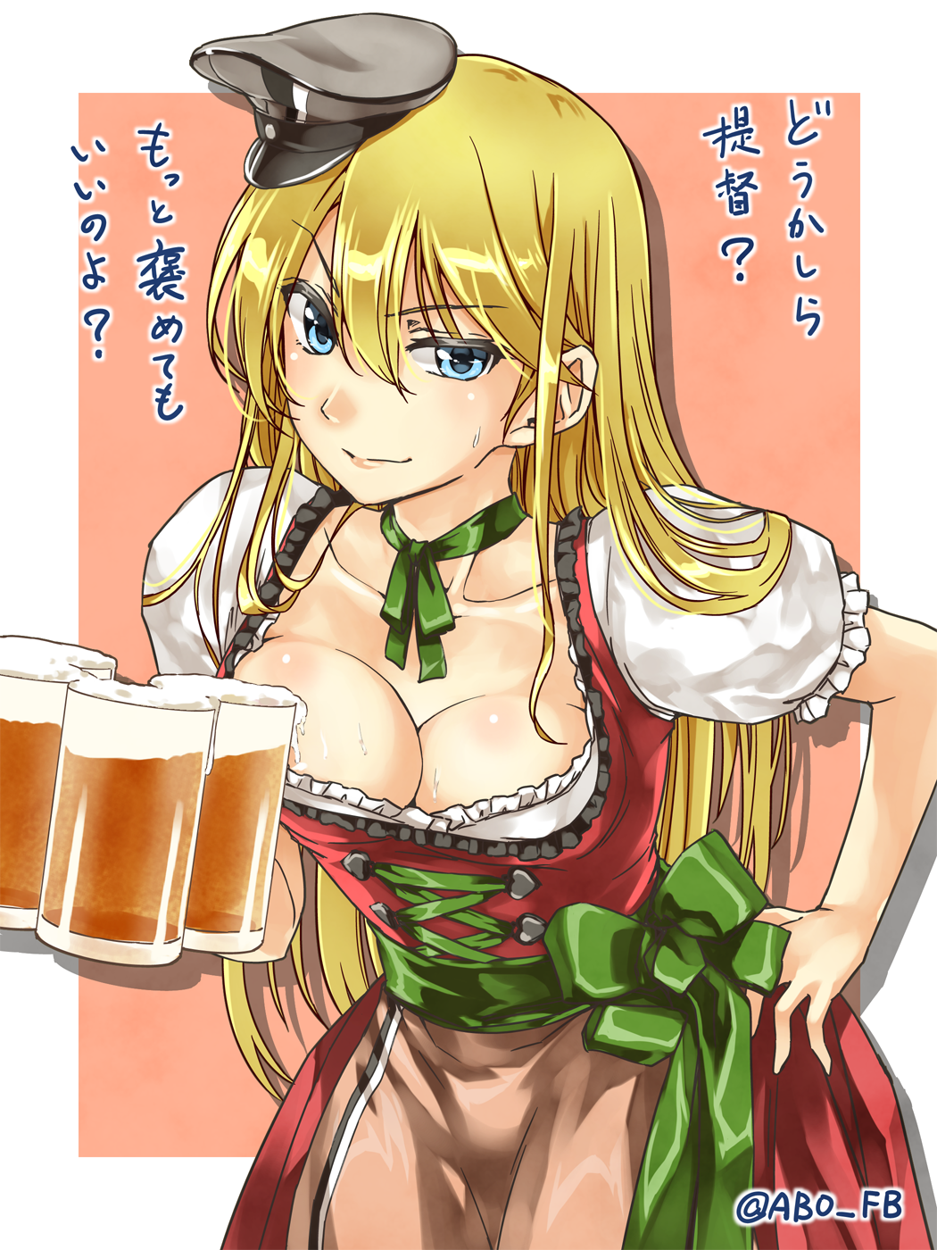 abo_(hechouchou) alcohol beer beer_mug bismarck_(kantai_collection) blonde_hair blue_eyes breasts cup dirndl german_clothes hand_on_hip hat highres holding holding_cup kantai_collection large_breasts long_hair military_hat peaked_cap solo translated twitter_username
