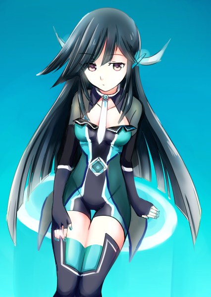 alternate_costume alys aqua_background arm_support bangs black_hair blue_background breasts cevio circle cleavage_cutout fingerless_gloves gloves gradient gradient_background hair_ornament hand_on_own_thigh hayashimo_(kantai_collection) kantai_collection long_hair looking_at_viewer nail_polish necktie sitting small_breasts swept_bangs thigh_gap thighhighs ude unitard very_long_hair vocaloid yellow_eyes zettai_ryouiki
