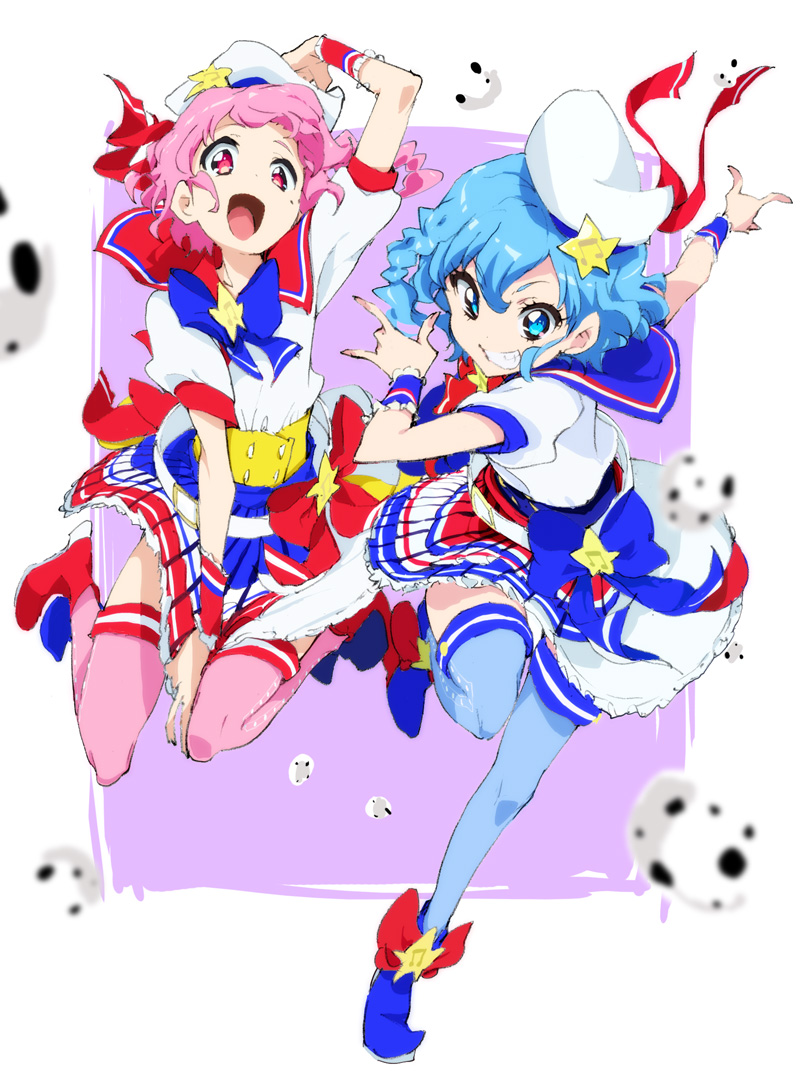 1girl :d \m/ ankle_boots belt blue_bow blue_eyes blue_footwear blue_hair blue_legwear boots bow braid brother_and_sister dorothy_west enouchi_ai full_body grin hat jumping leg_up leona_west looking_at_viewer mole mole_under_eye open_mouth otoko_no_ko pink_eyes pink_hair pink_legwear pleated_skirt pretty_(series) pripara puffy_short_sleeves puffy_sleeves red_bow red_footwear sailor_collar short_hair short_sleeves siblings side_braid skirt skirt_tug smile star thighhighs twins wrist_cuffs