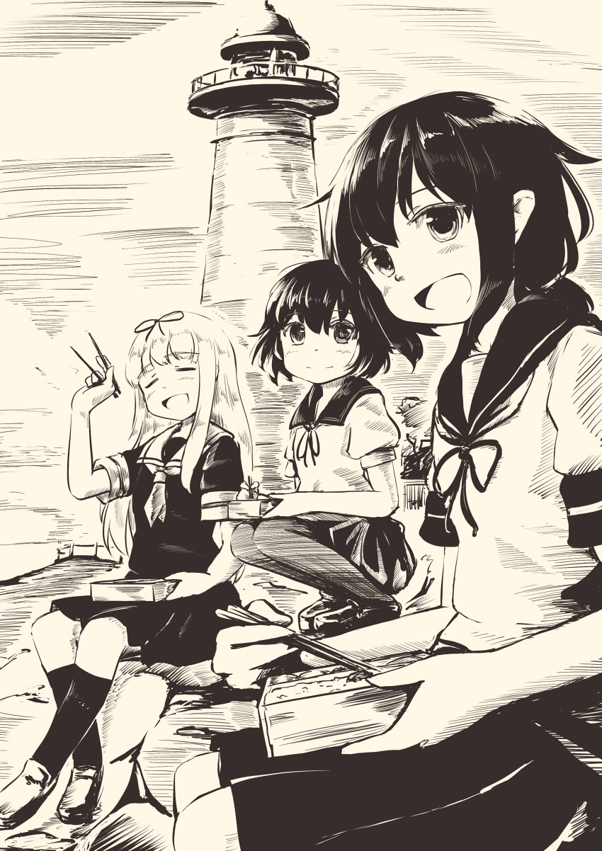 chopsticks fubuki_(kantai_collection) hair_ribbon highres kantai_collection lighthouse long_hair monochrome multiple_girls mutsuki_(kantai_collection) obentou pantyhose ribbon school_uniform serafuku short_hair sitting tsubasa_(abchipika) yuudachi_(kantai_collection)