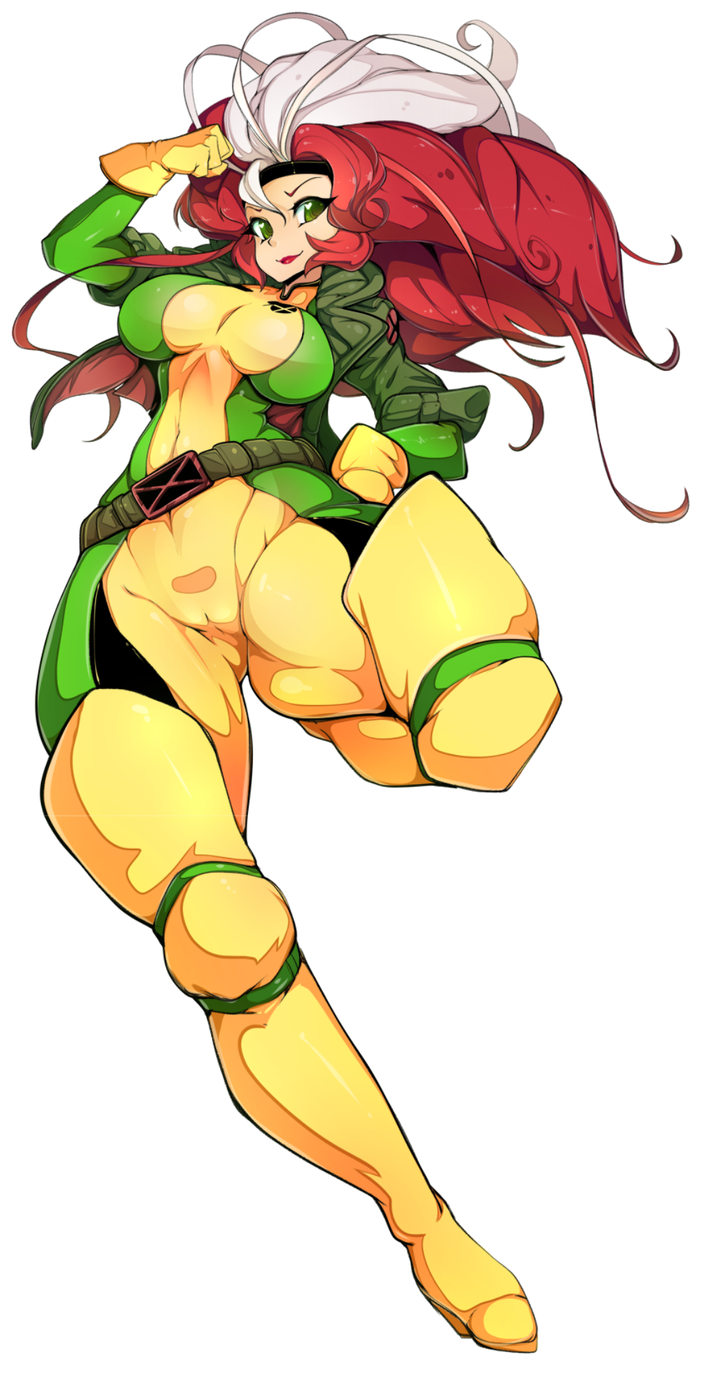 1girl belt bodysuit cameltoe emblem full_body gloves green_eyes hair_antennae headband jacket looking_at_viewer marvel red_hair rogue_(x-men) simple_background slugbox solo thigh_boots two-tone_hair white_hair x-men yellow_gloves