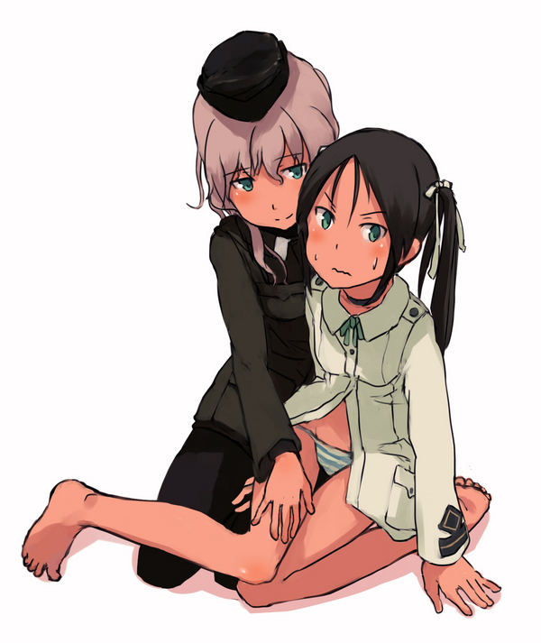 aqua_eyes black_hair blush choker country_connection feet francesca_lucchini giuseppina_ciuinni grey_hair hair_ribbon hat long_hair military military_uniform multiple_girls navel panties pantyhose ribbon shibafu_(glock23) simple_background strike_witches striped striped_panties sweat toes underwear uniform wavy_mouth white_background world_witches_series yuri