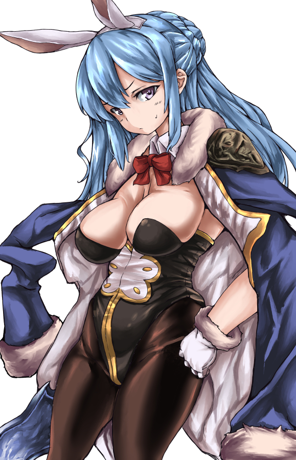 animal_ears blue_hair bokuso breasts bunny_ears bunnysuit cowboy_shot gloves granblue_fantasy hand_on_hip jacket_on_shoulders large_breasts long_hair looking_at_viewer pantyhose pout purple_eyes solo sweat therese_(granblue_fantasy) thighs