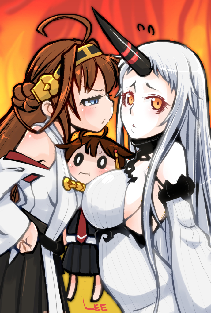 :i ahoge bare_shoulders blue_eyes blush breast_smother breasts brown_hair chibi detached_sleeves dress hair_ornament hairband headgear horn japanese_clothes kantai_collection kongou_(kantai_collection) large_breasts lee_(colt) long_hair looking_at_viewer multiple_girls nontraditional_miko remodel_(kantai_collection) ribbed_dress school_uniform seaport_hime serafuku shigure_(kantai_collection) shinkaisei-kan sideboob sketch skirt solid_circle_eyes white_hair