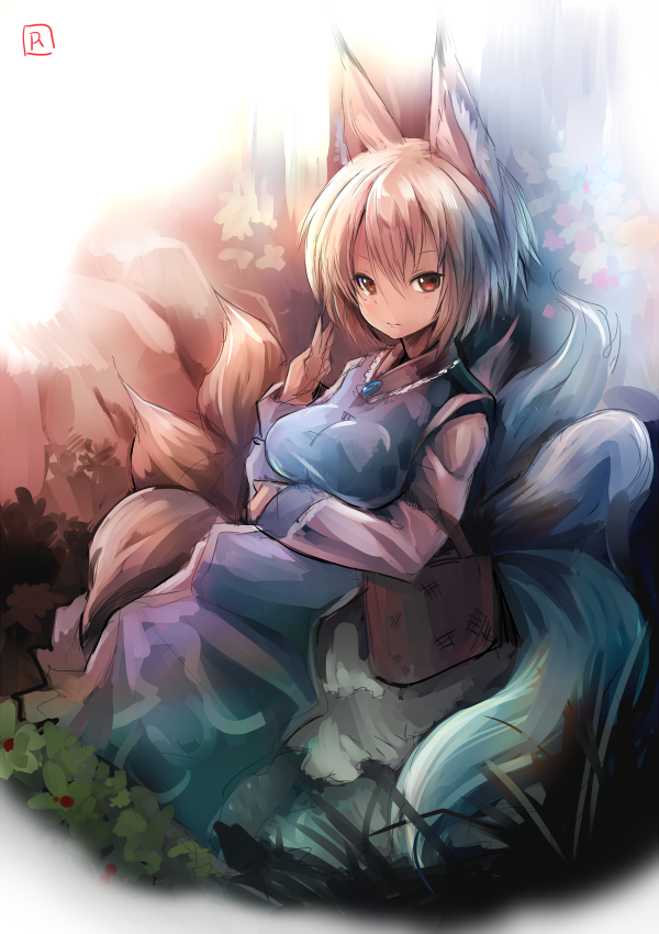 animal_ears blonde_hair bush commentary_request dress flower fox_ears fox_tail grass hand_up long_sleeves looking_at_viewer multiple_tails no_hat no_headwear red_eyes rock ryuno short_hair signature sitting sketch solo tabard tail touhou white_background white_dress yakumo_ran
