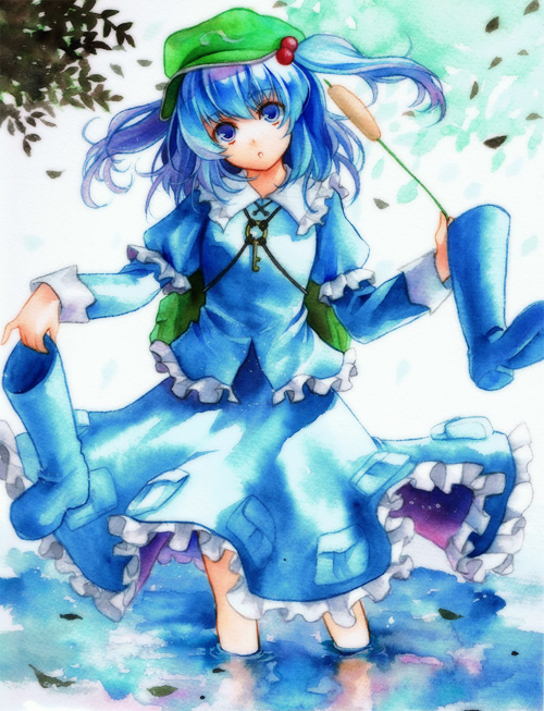 backpack bad_id bad_pixiv_id bag blue_eyes blue_hair boots cattail hair_bobbles hair_ornament hat holding holding_shoes kawashiro_nitori ne-on plant shoes solo touhou twintails two_side_up water