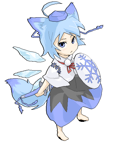 animal_ears barefoot blue_eyes blue_hair chibi cirno cosplay detached_sleeves hat inubashiri_momiji inubashiri_momiji_(cosplay) lowres poketto shield short_hair solo sword tail tokin_hat touhou weapon wings wolf_ears wolf_tail