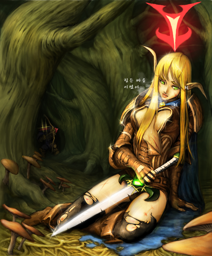 armor blonde_hair blood blood_elf boots breasts breath cape elf exhausted forest gloves glowing_eyes green_eyes korean long_hair pointy_ears sword thigh-highs thighhighs torn_clothes translation_request tree warcraft weapon world_of_warcraft