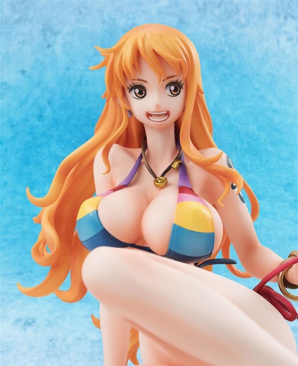 bikini bracelet breasts cleavage earrings figure jewelry knee_up large_breasts long_hair nami nami_(one_piece) necklace one_piece open_mouth orange_eyes orange_hair photo pvc sitting smile swimsuit tattoo