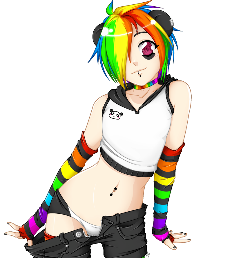 1boy androgynous animal_ears bare_shoulders choker crop_top crossdressing deviantart_thumbnail elbow_gloves fictional_persona fingerless_gloves gloves hair_over_one_eye hoodie hoodie_vest lip_piercing looking_at_viewer male_focus md5_mismatch midriff multicolored_hair nail_polish navel navel_piercing niji-panda niji_(niji-panda) original panda panties photoshop piercing rainbow_hair resized short_hair solo transparent_background trap underwear