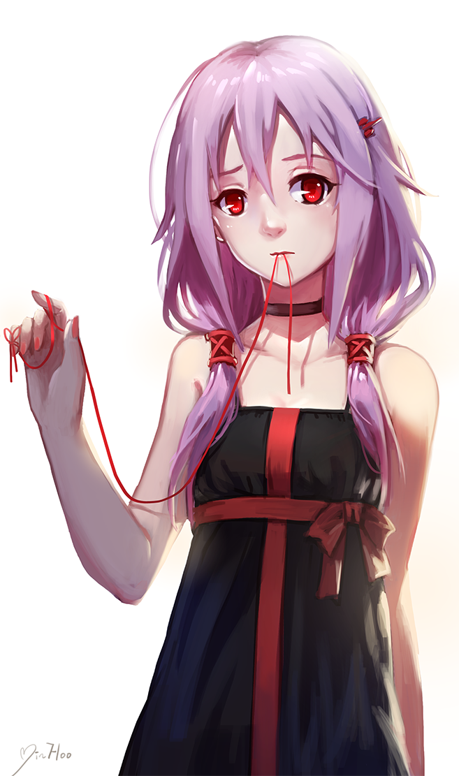bare_shoulders guilty_crown hair_ornament hairclip long_hair looking_at_viewer minhoo mouth_hold pink_hair red_eyes red_string solo string twintails yuzuriha_inori
