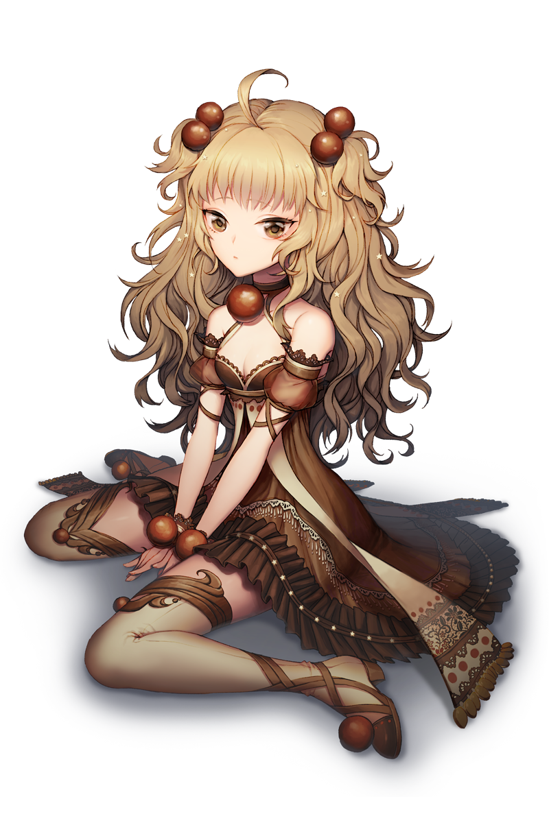 ahoge bad_id bad_pixiv_id ball bare_shoulders between_legs brown_dress brown_eyes brown_hair brown_legwear choker detached_sleeves dress full_body hair_bobbles hair_ornament hand_between_legs highres jewelry long_hair looking_at_viewer official_art original pendant puffy_short_sleeves puffy_sleeves short_sleeves sitting solo star star_hair_ornament thighhighs transparent_background v_arms wariza wavy_hair yuri_(anachronic)