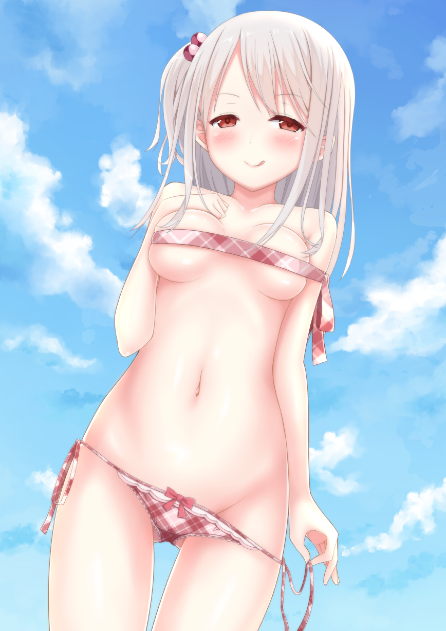:q bangs blush bow bow_panties breasts cloud commentary_request day eyebrows_visible_through_hair hair_bobbles hair_ornament highres karutamo long_hair navel one_side_up original outdoors panties panty_pull plaid plaid_panties plaid_ribbon red_eyes ribbon side-tie_panties silver_hair skindentation small_breasts smile solo tisshu_(karutamo) tongue tongue_out underwear undressing untied untied_panties untying