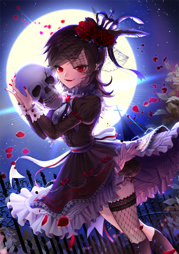 bangs black_hair bloomers cross crown curly_hair dress dutch_angle evil_smile fangs fence fishnets flower frilled_dress frills full_moon gem hair_flower hair_ornament lolita_fashion looking_at_viewer moon nail_polish night official_art original petals red_eyes ribbon rose single_thighhigh skull smile solo swept_bangs thighhighs underwear vampire yuri_(anachronic)