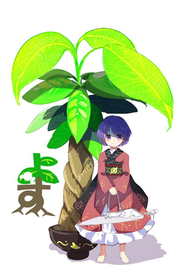 bowl headwear_removed japanese_clothes kimono minigirl needle obi purple_eyes purple_hair sash short_hair sketch smile solo sukuna_shinmyoumaru touhou tree yosu
